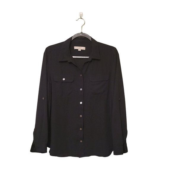 LOFT Tops - LOFT Ann Taylor Womens Blouse Black L Semi Sheer Button Down LOng Sleeve Top